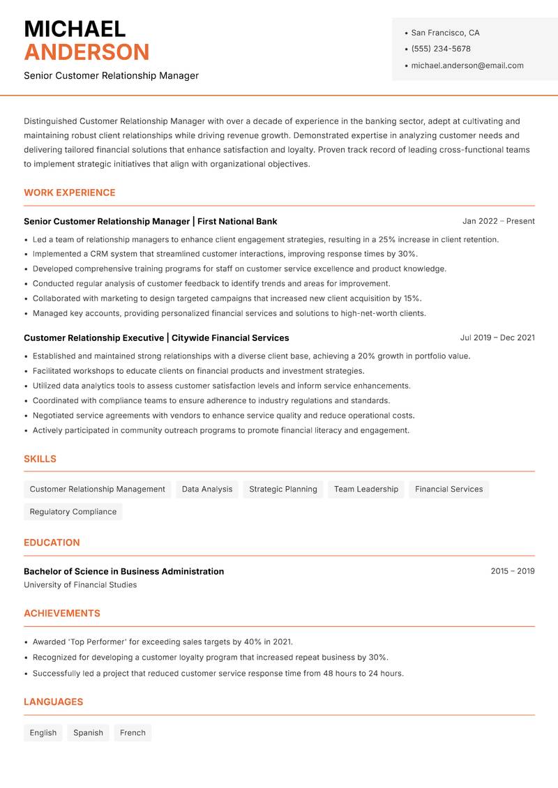 Customer Relationship Manager Banking Resume Template