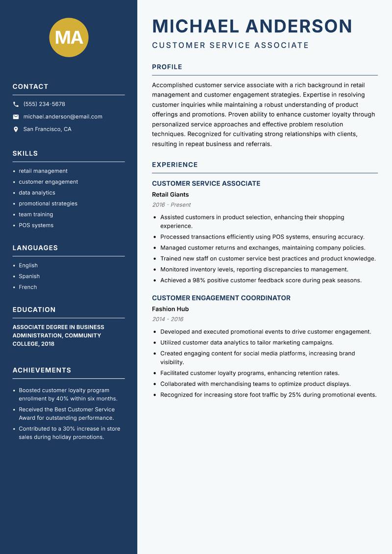 Customer Service Associate Resume Preview Example