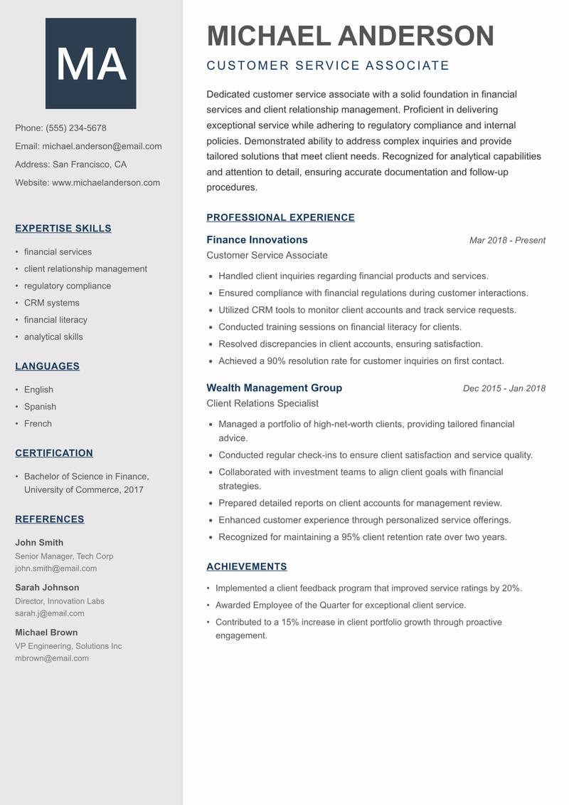 Customer Service Associate Resume Preview Example