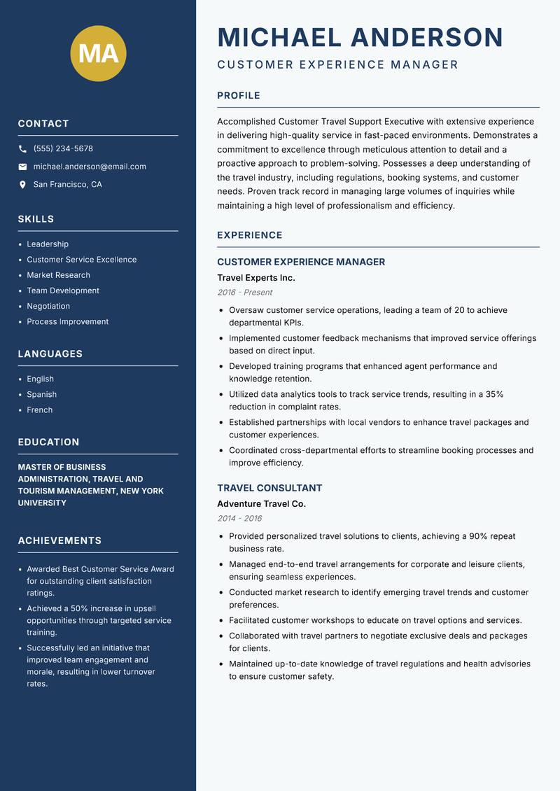 Customer Travel Support Executive Resume Preview Example