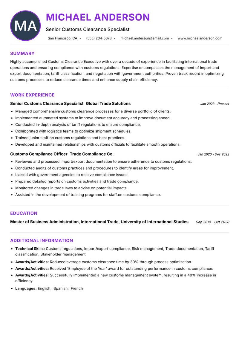 Customs Clearance Executive Resume Preview Example