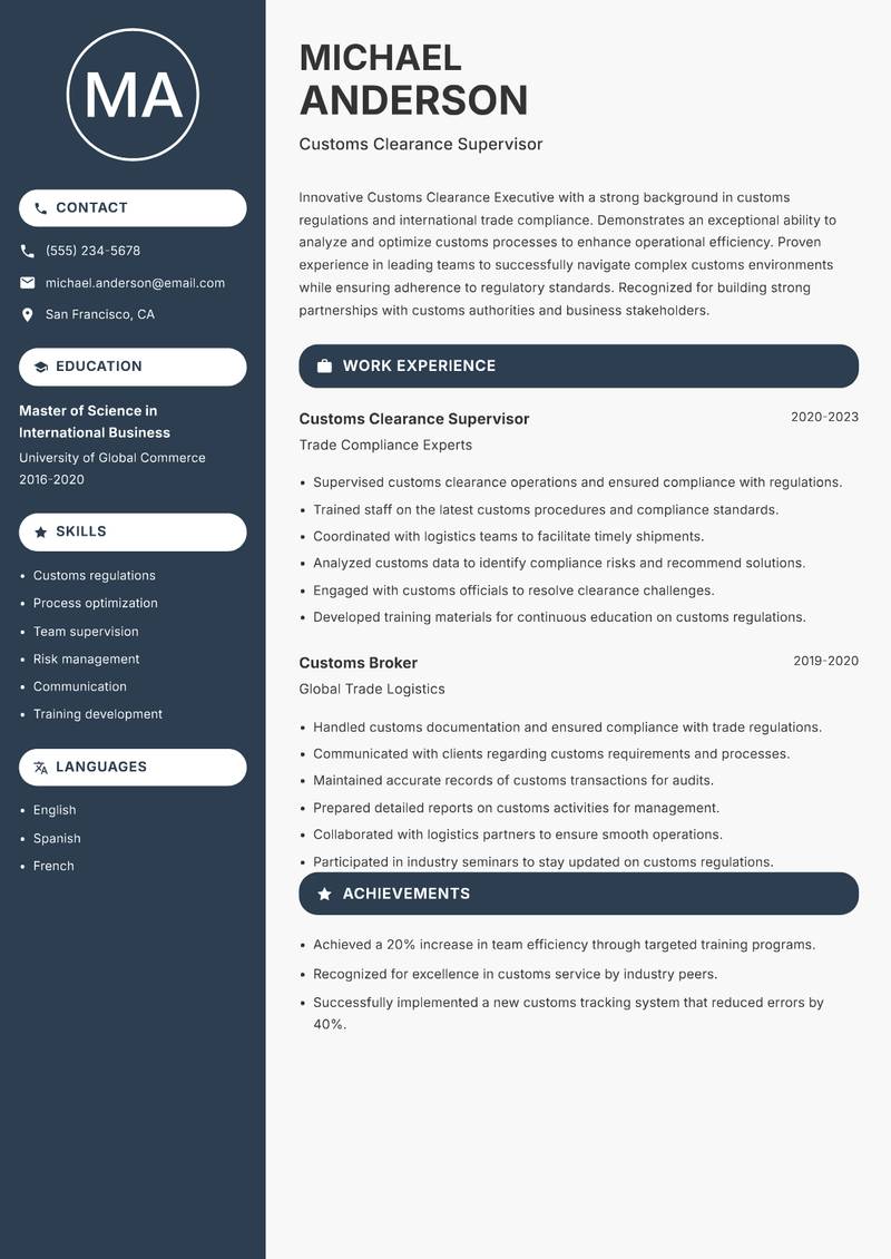 Customs Clearance Executive Resume Preview Example