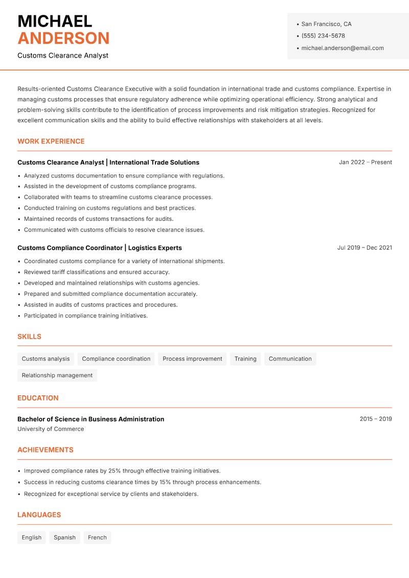 Customs Clearance Executive Resume Template