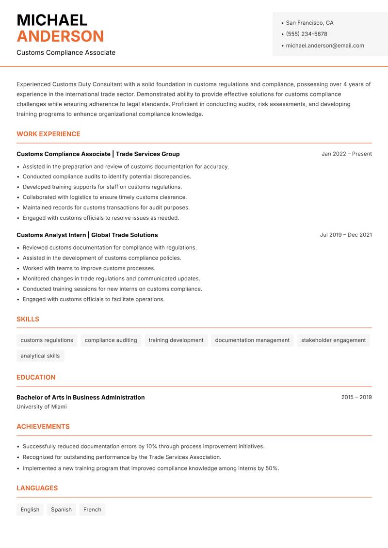 Customs Duty Consultant Resume Template