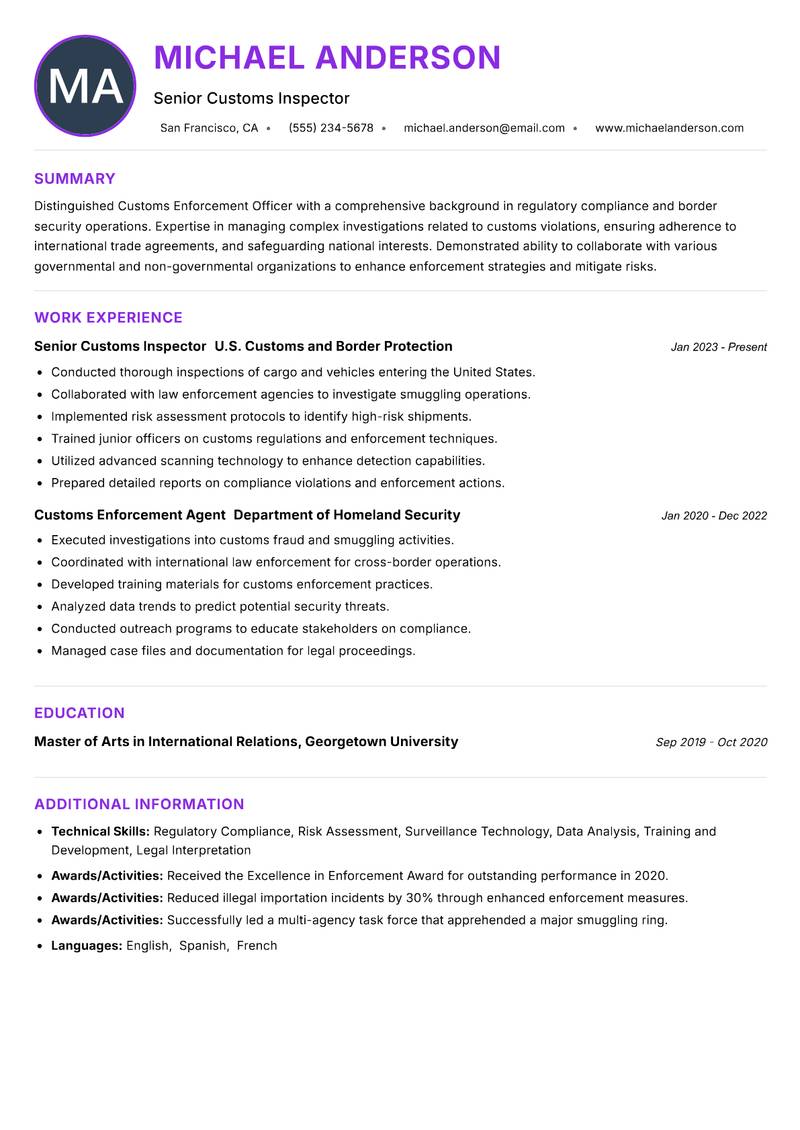 Customs Enforcement Officer Resume Preview Example