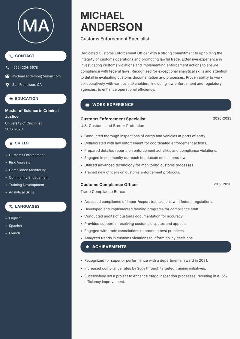 Customs Enforcement Officer Resume Preview Example