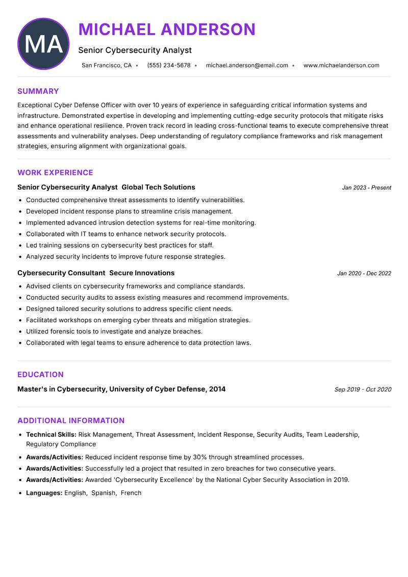 Cyber Defense Officer Resume Preview Example