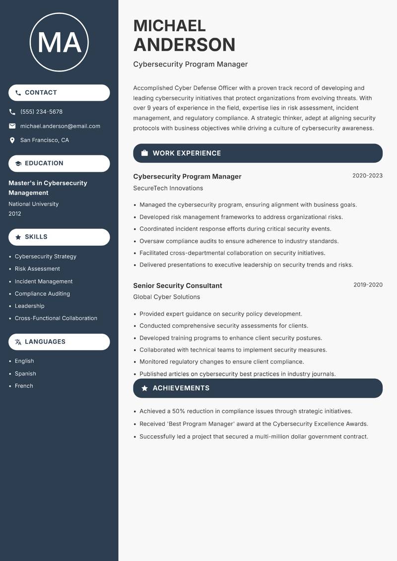 Cyber Defense Officer Resume Preview Example
