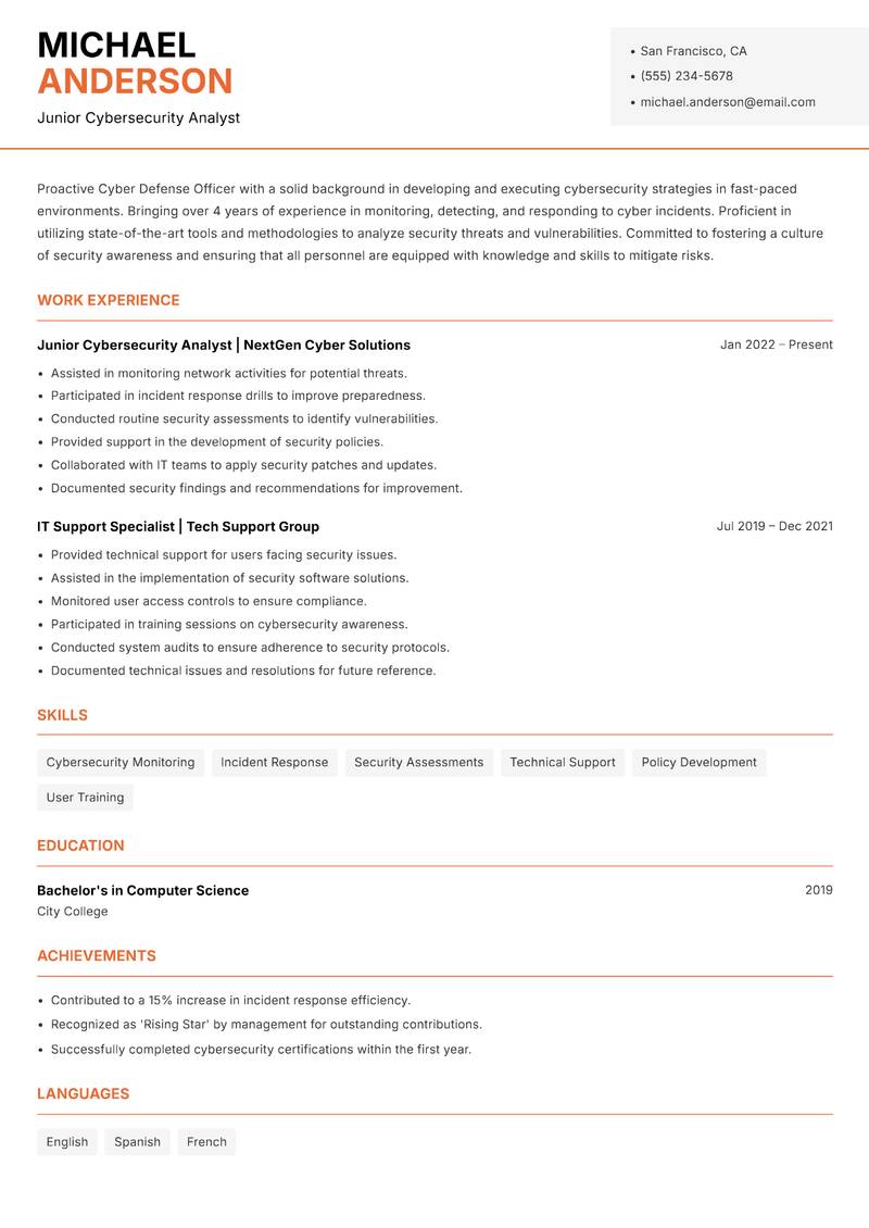 Cyber Defense Officer Resume Template