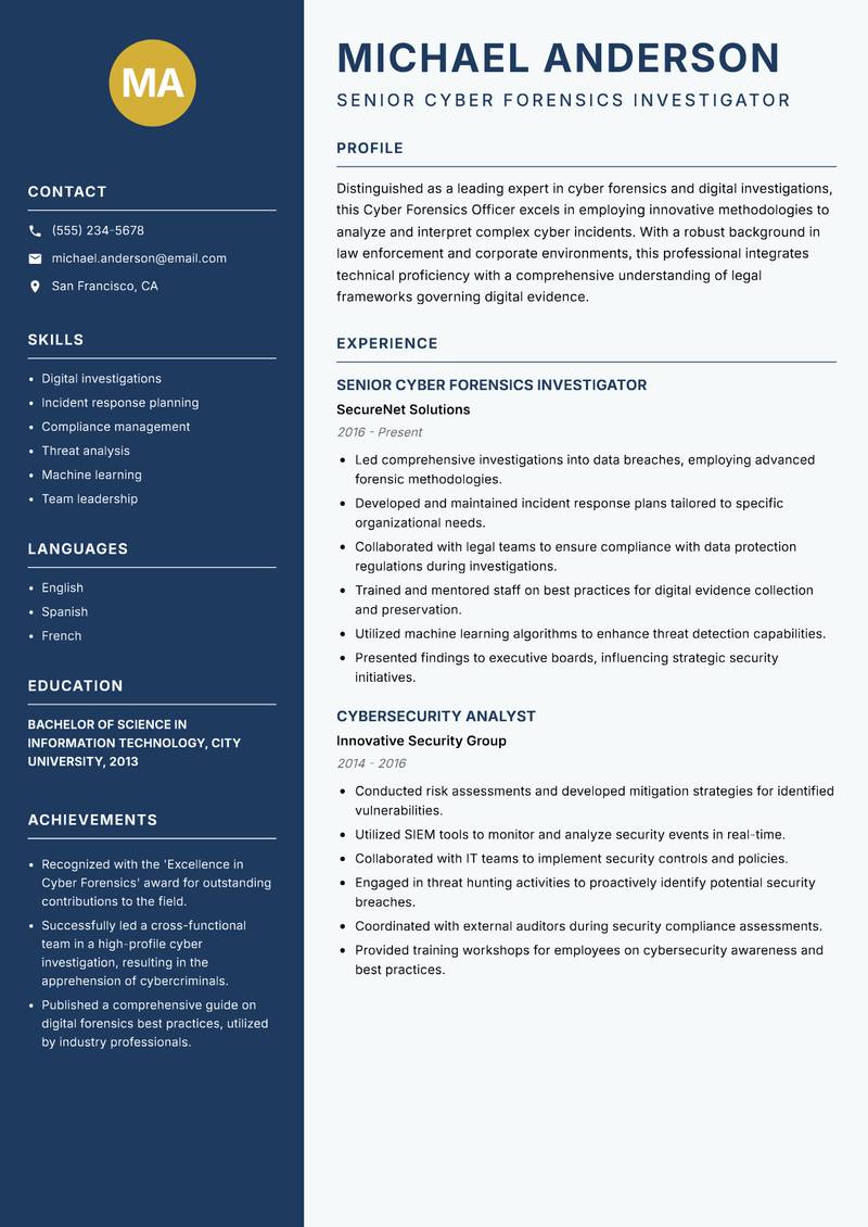 Cyber Forensics Officer Resume Preview Example