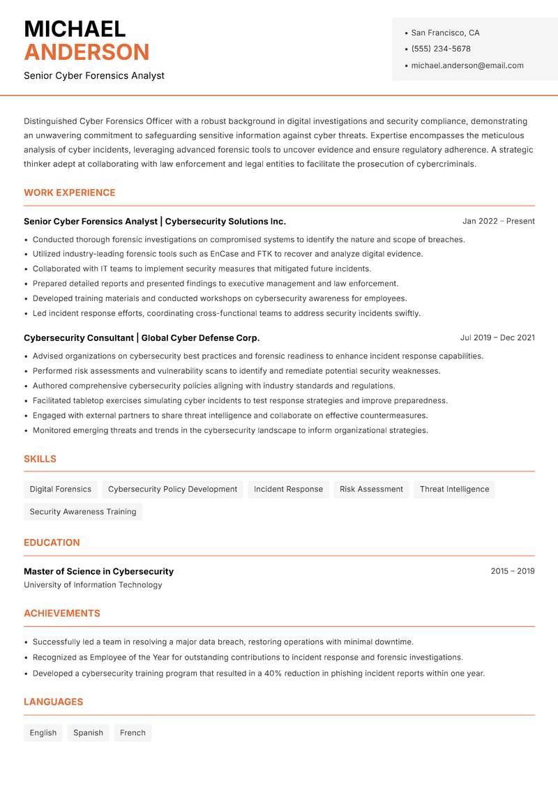 Cyber Forensics Officer Resume Template