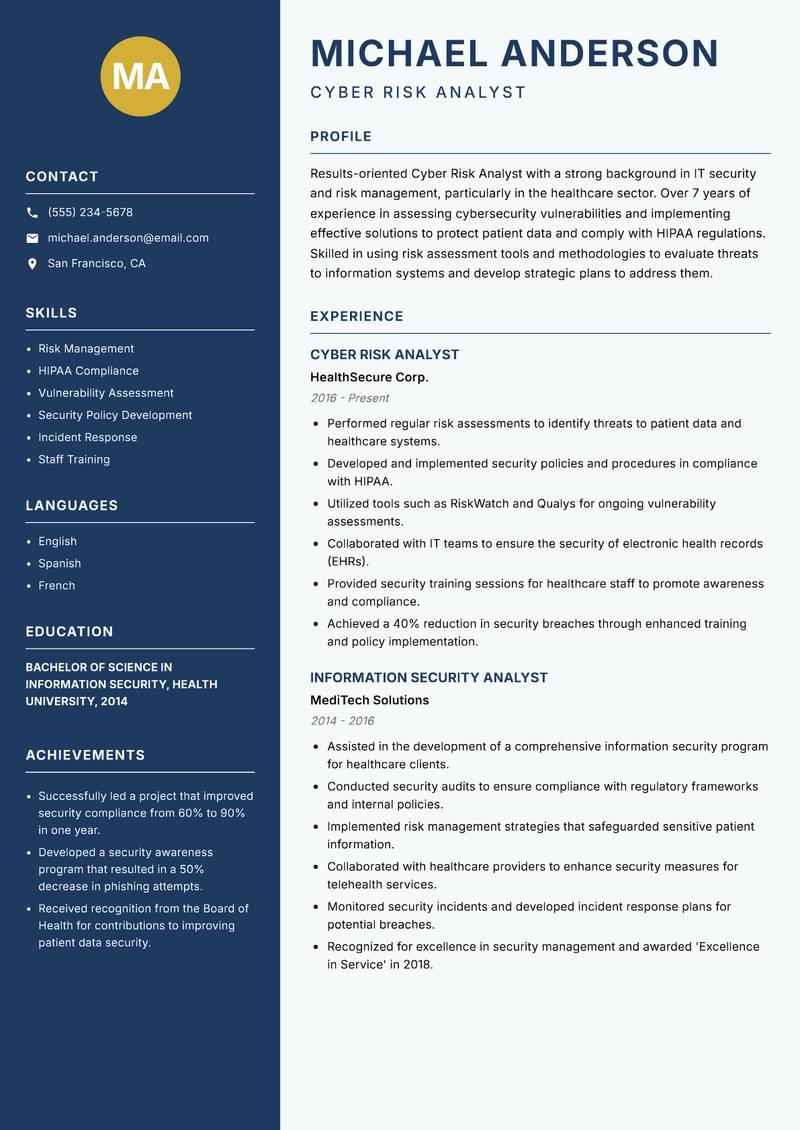 Cyber Risk Analyst Resume Preview Example