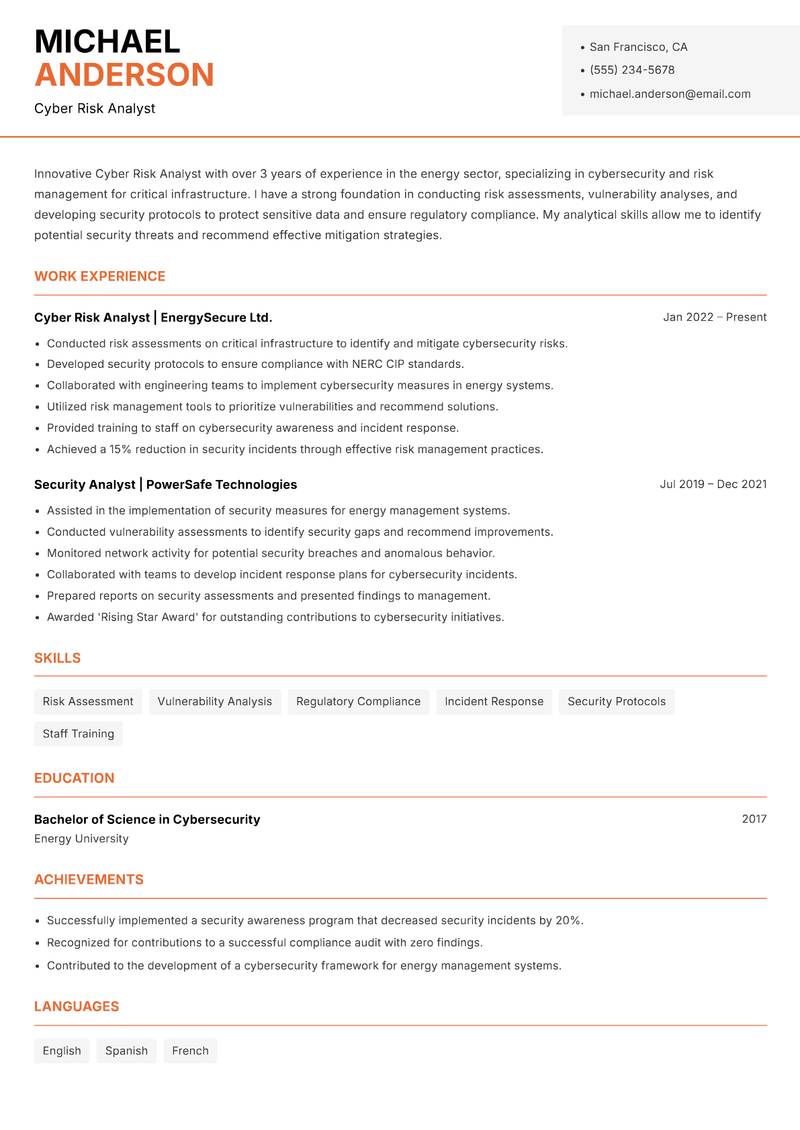 Cyber Risk Analyst Resume Template