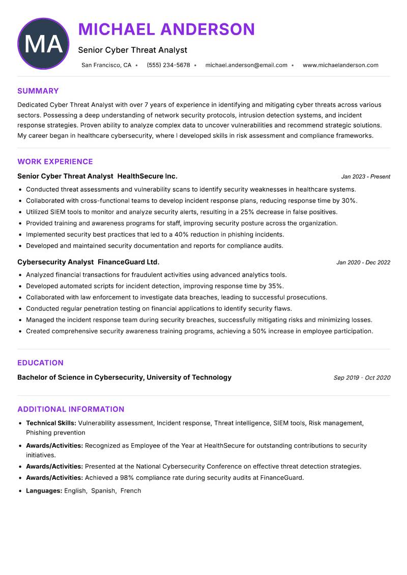 Cyber Threat Analyst Resume Preview Example