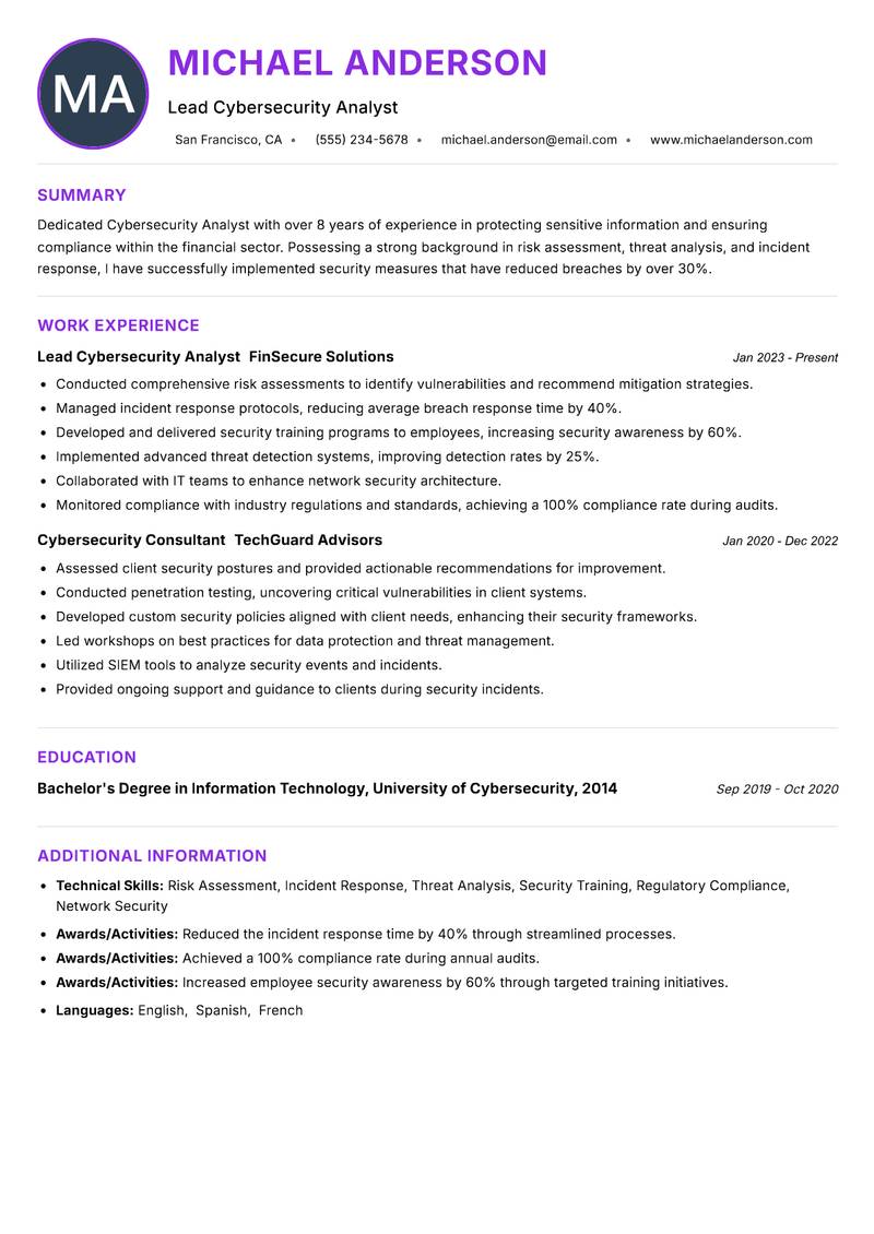 Cybersecurity Analyst Resume Preview Example