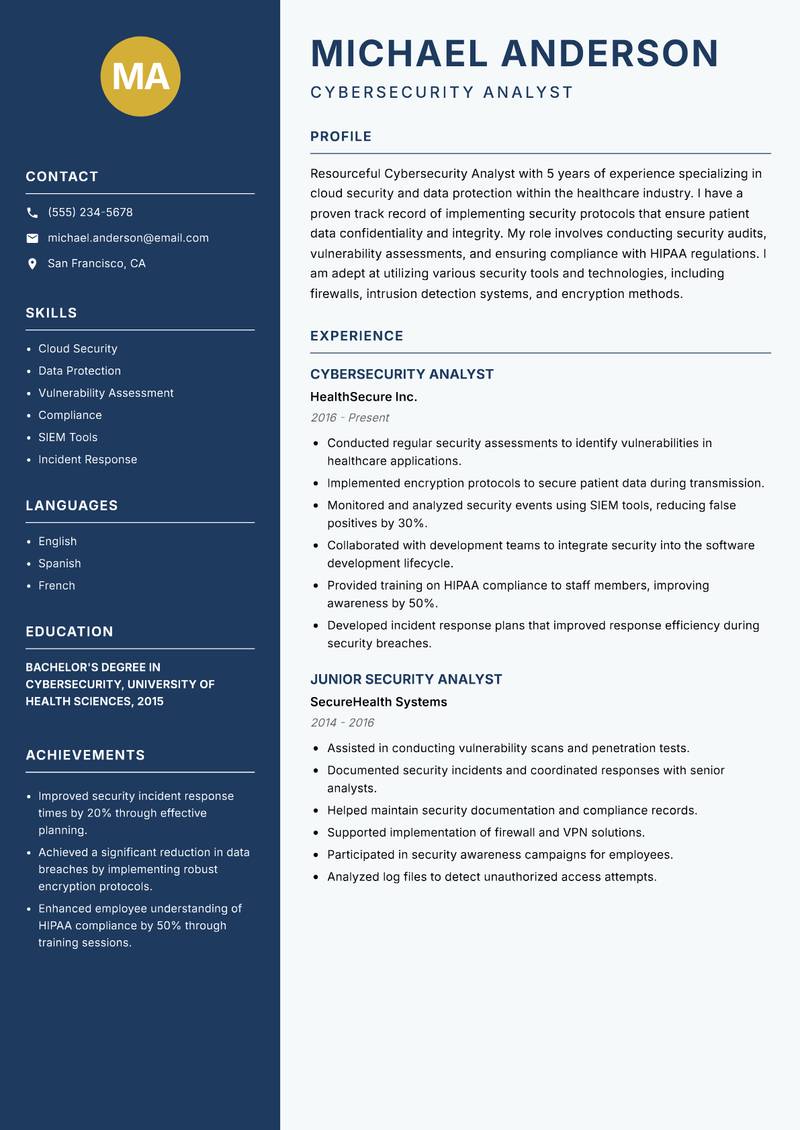 Cybersecurity Analyst Resume Preview Example