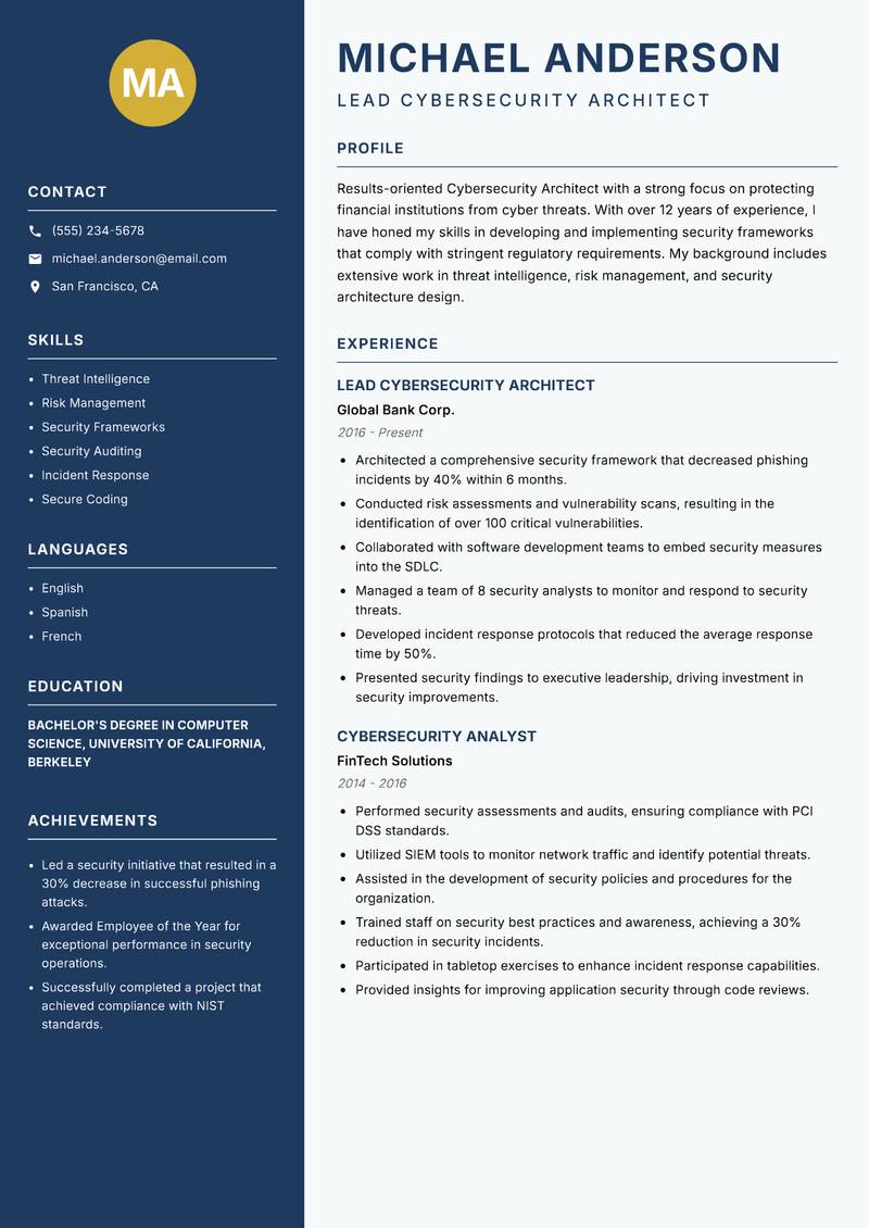 Cybersecurity Architect Resume Preview Example