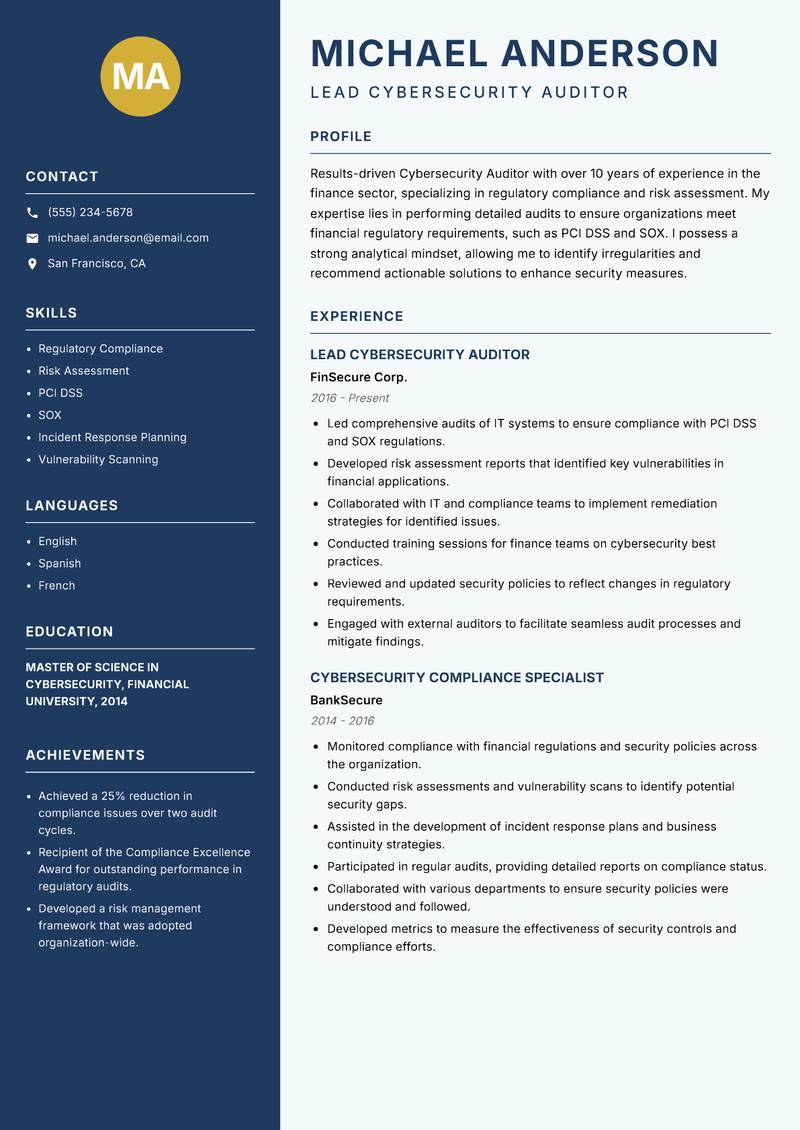 Cybersecurity Auditor Resume Preview Example