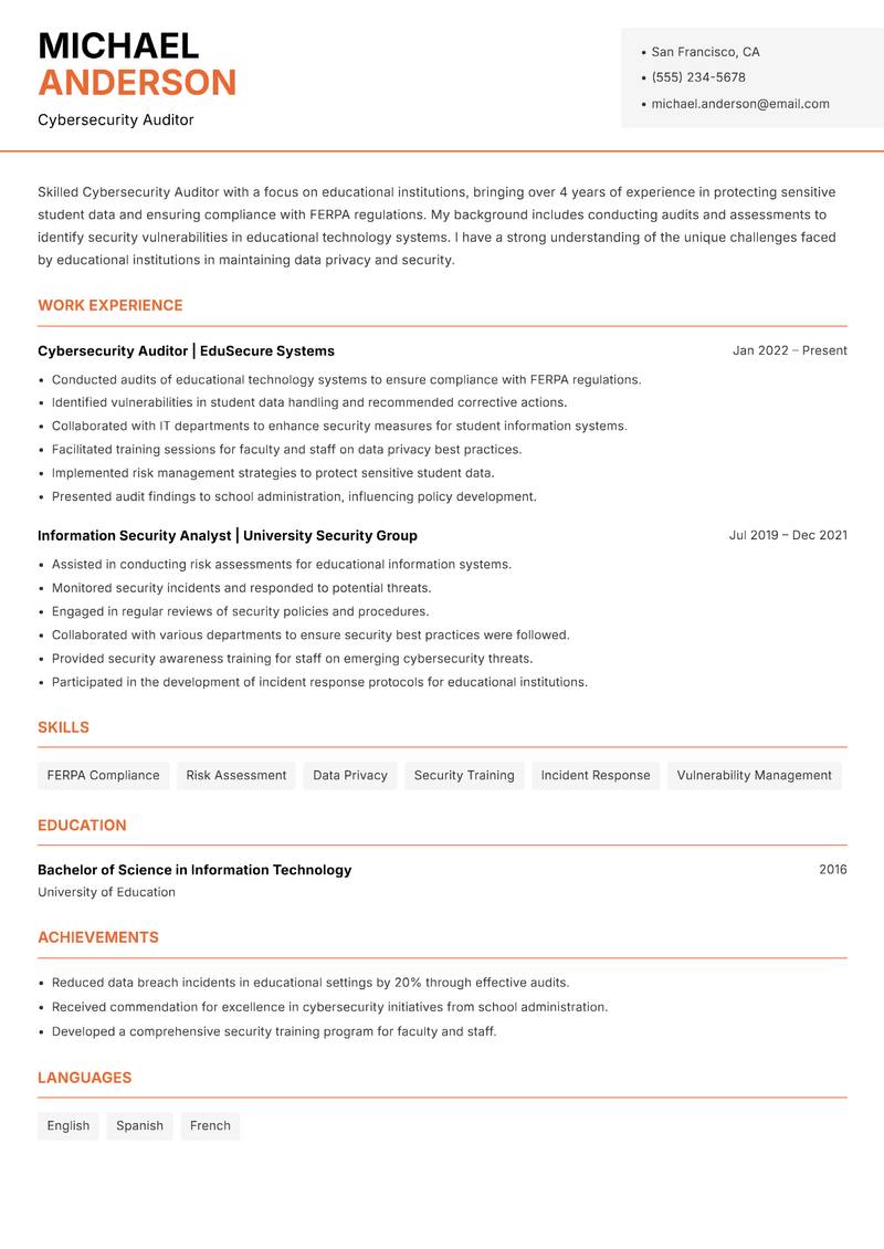 Cybersecurity Auditor Resume Template