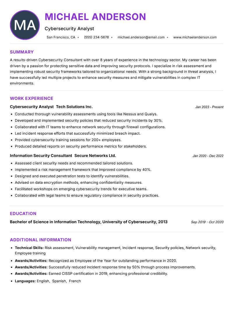Cybersecurity Consultant Resume Preview Example