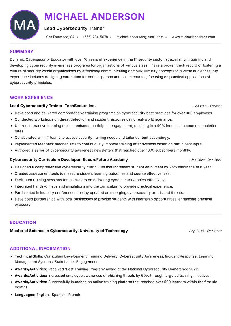 Cybersecurity Educator Resume Preview Example