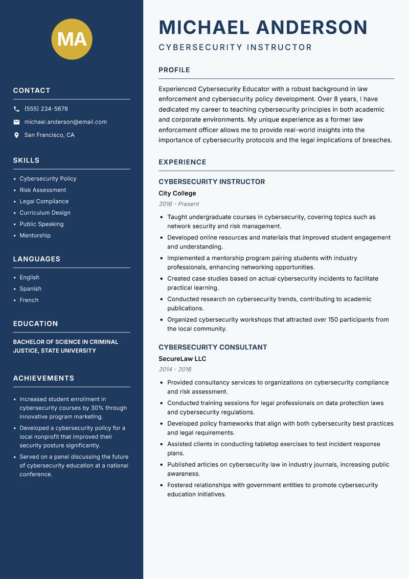 Cybersecurity Educator Resume Preview Example