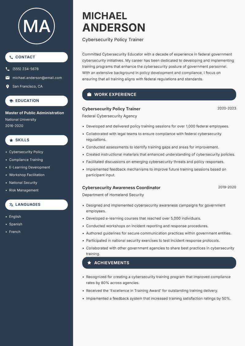 Cybersecurity Educator Resume Preview Example