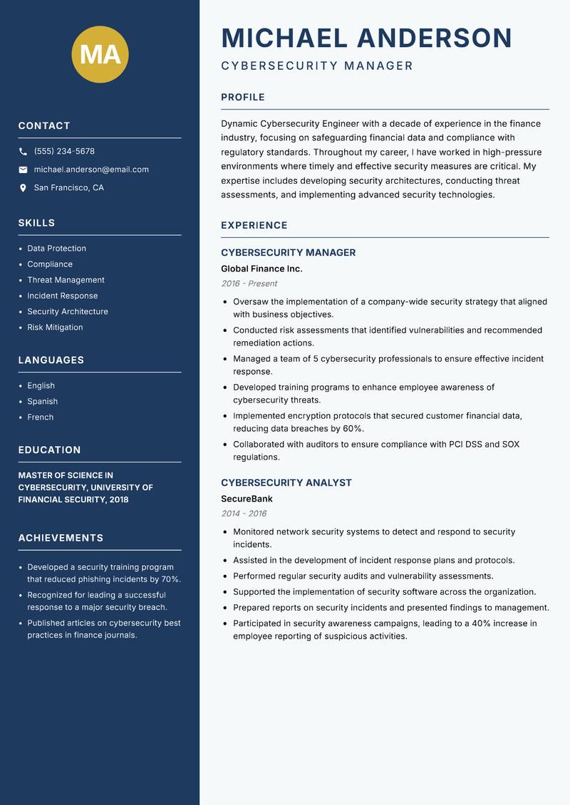 Cybersecurity Engineer Resume Preview Example
