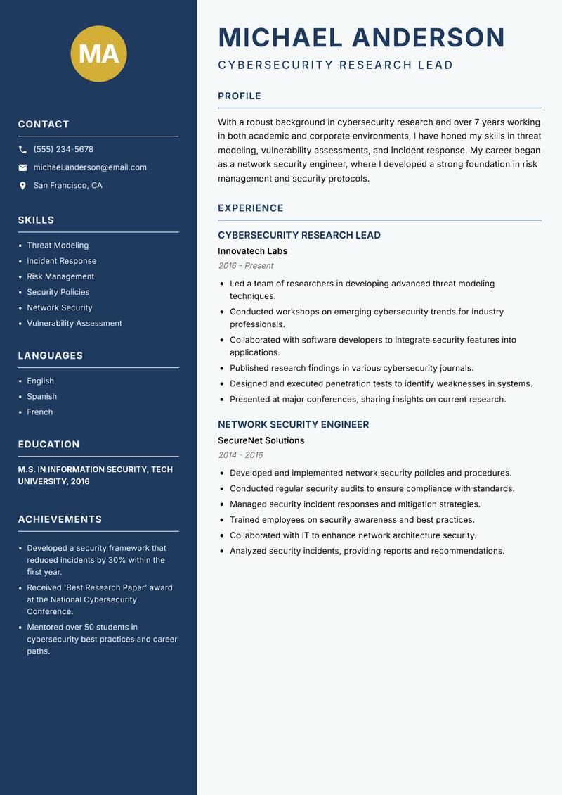Cybersecurity Research Scientist Resume Preview Example