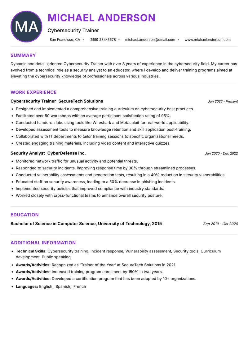 Cybersecurity Trainer Resume Preview Example