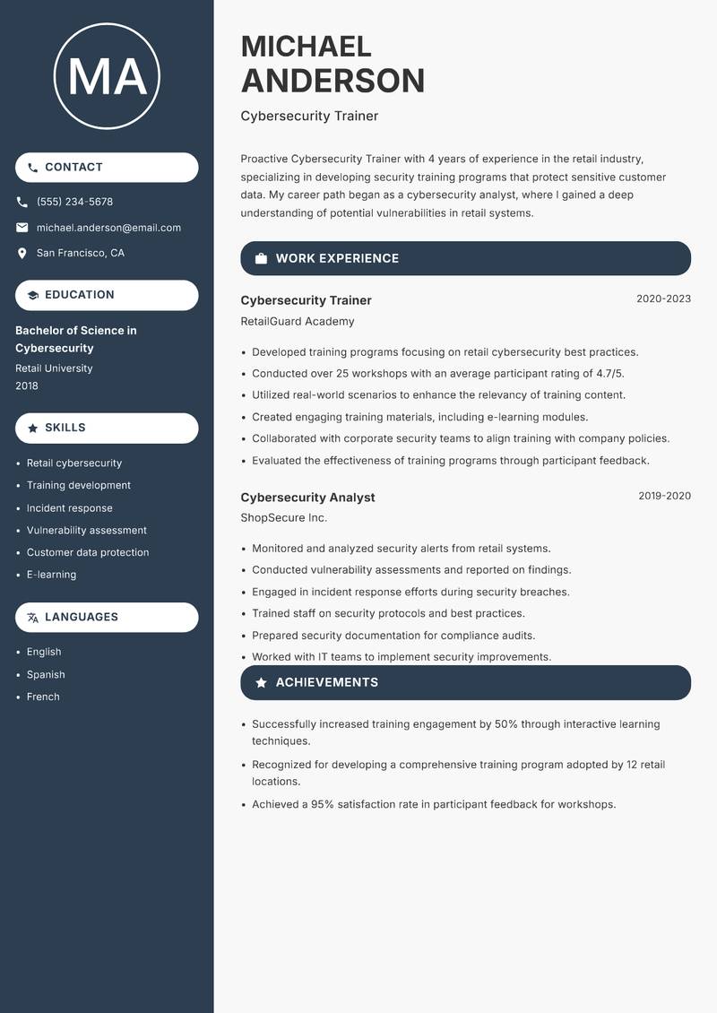 Cybersecurity Trainer Resume Preview Example