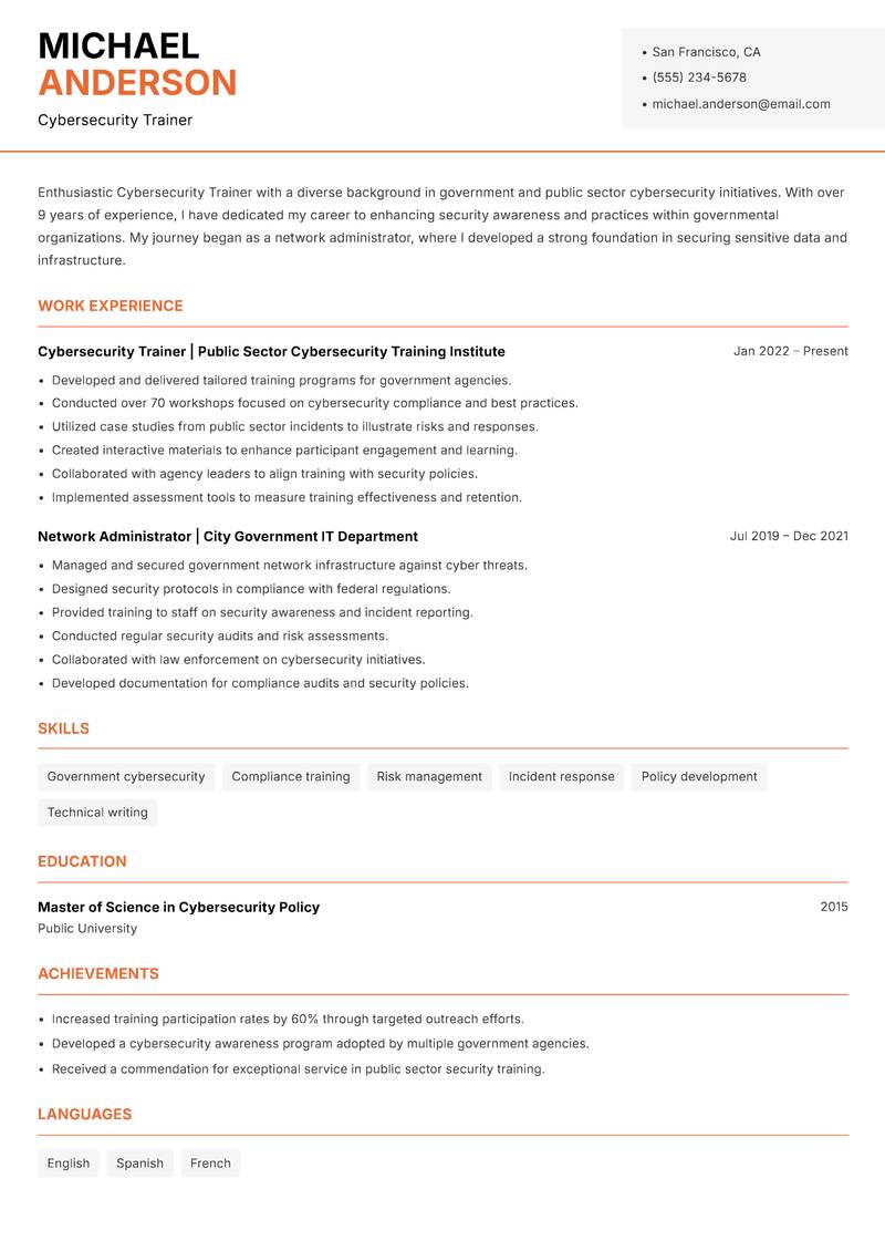 Cybersecurity Trainer Resume Template