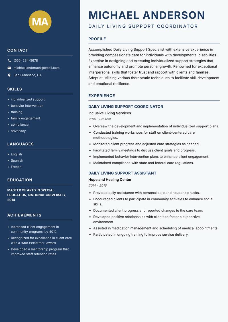 Daily Living Support Specialist Resume Preview Example