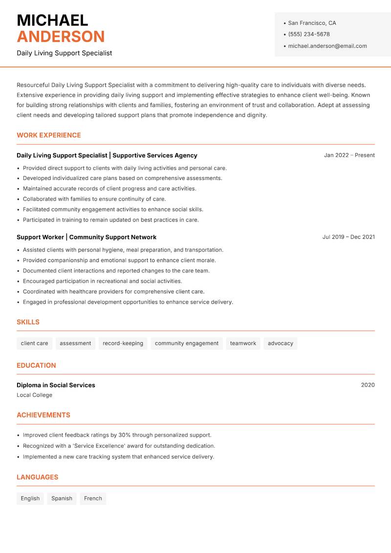 Daily Living Support Specialist Resume Template