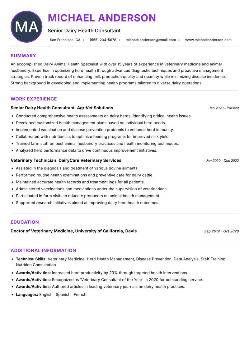 Dairy Animal Health Specialist Resume Preview Example