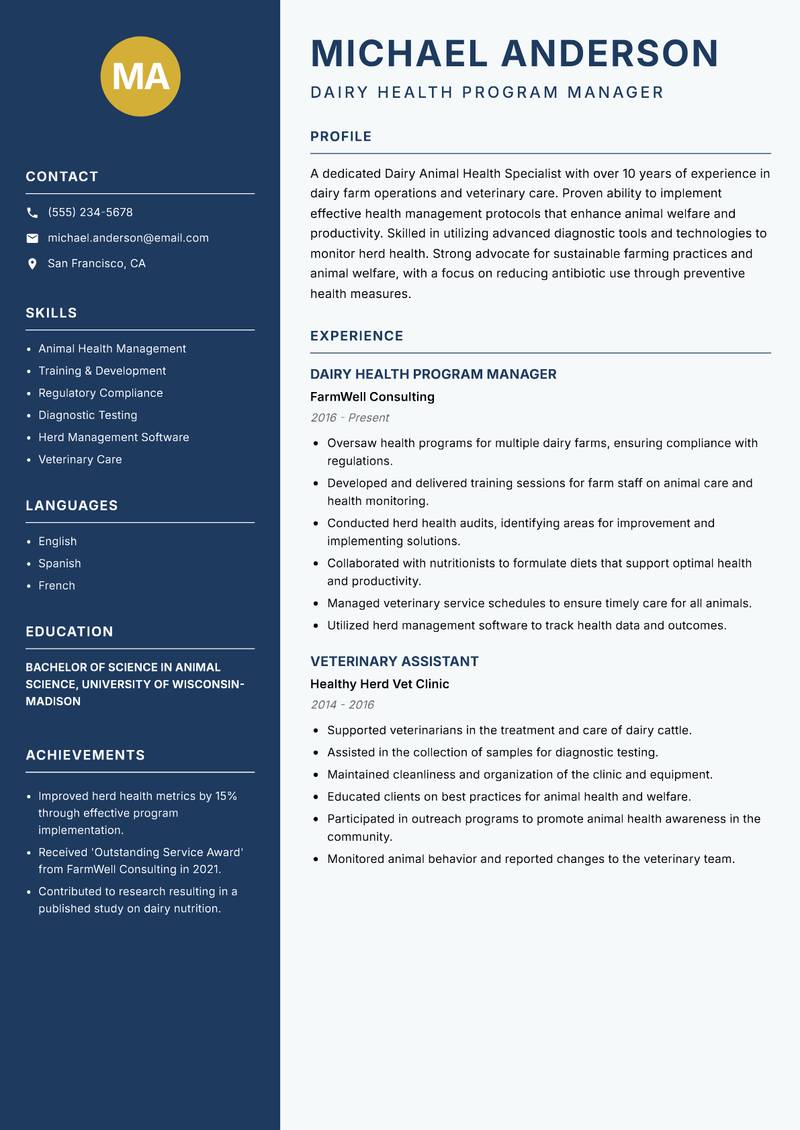 Dairy Animal Health Specialist Resume Preview Example
