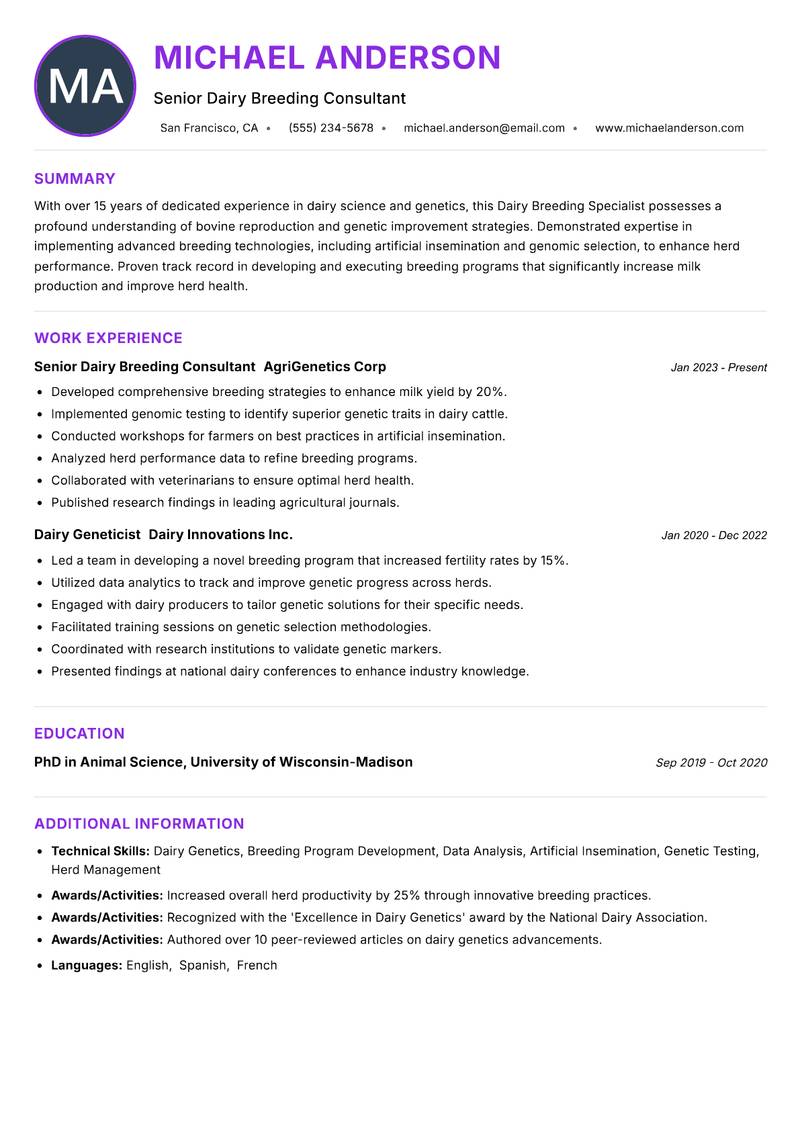 Dairy Breeding Specialist Resume Preview Example