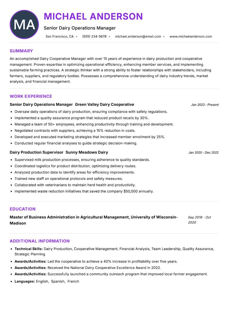 Dairy Cooperative Manager Resume Preview Example
