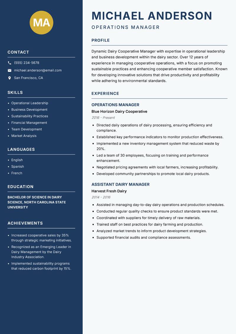 Dairy Cooperative Manager Resume Preview Example