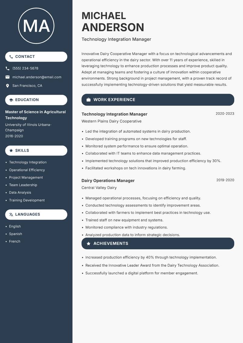 Dairy Cooperative Manager Resume Preview Example