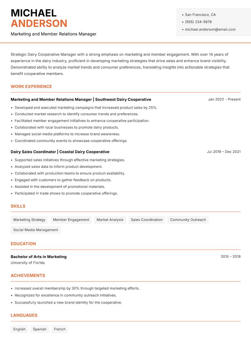 Dairy Cooperative Manager Resume Template