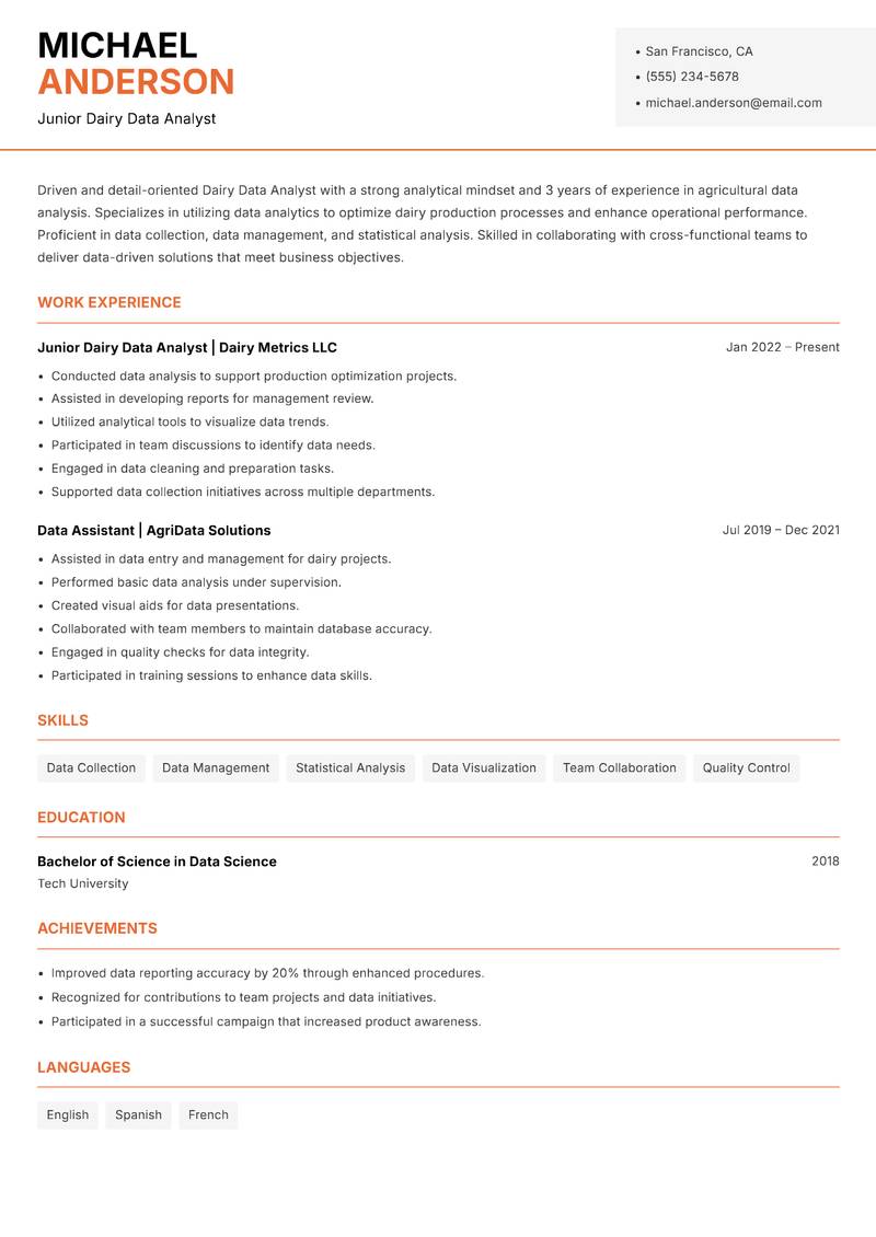 Dairy Data Analyst Resume Template
