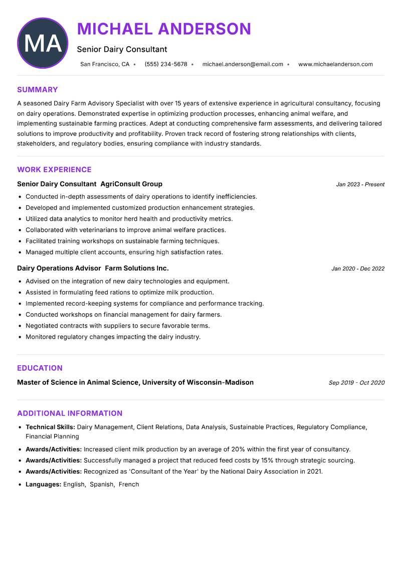 Dairy Farm Advisory Specialist Resume Preview Example