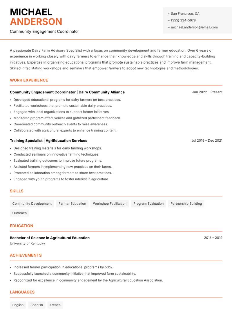 Dairy Farm Advisory Specialist Resume Template