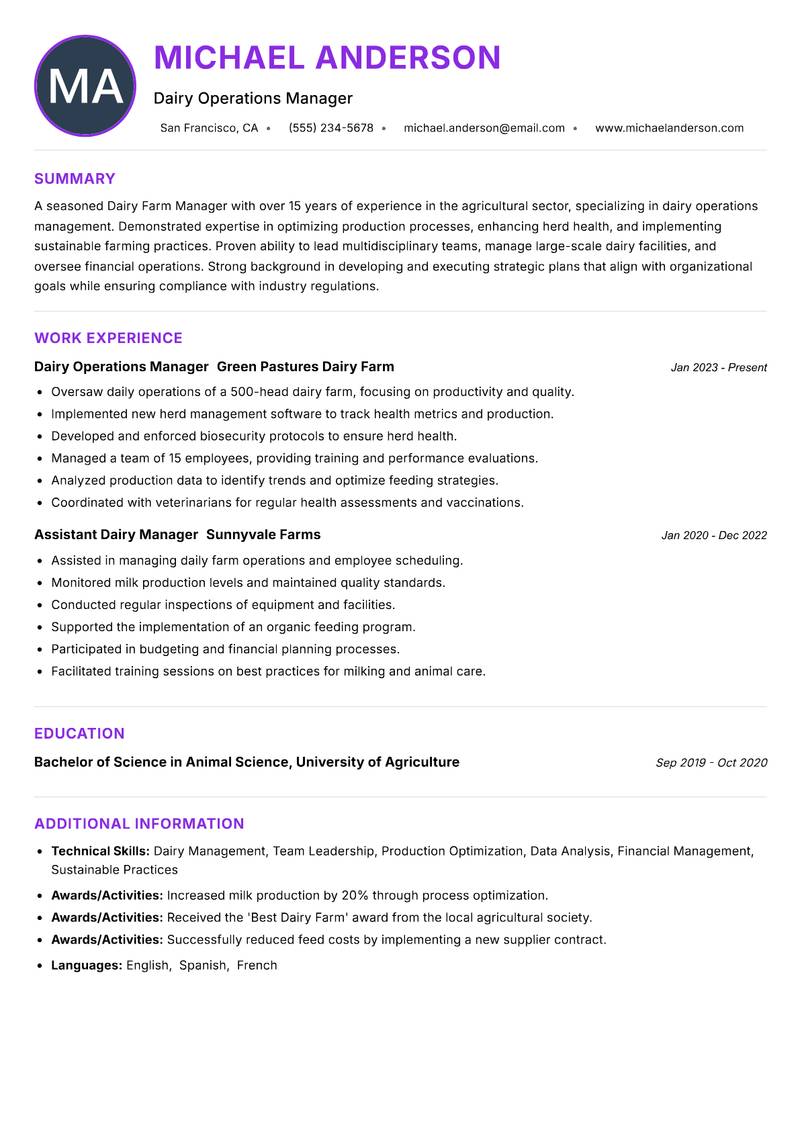 Dairy Farm Manager Resume Preview Example