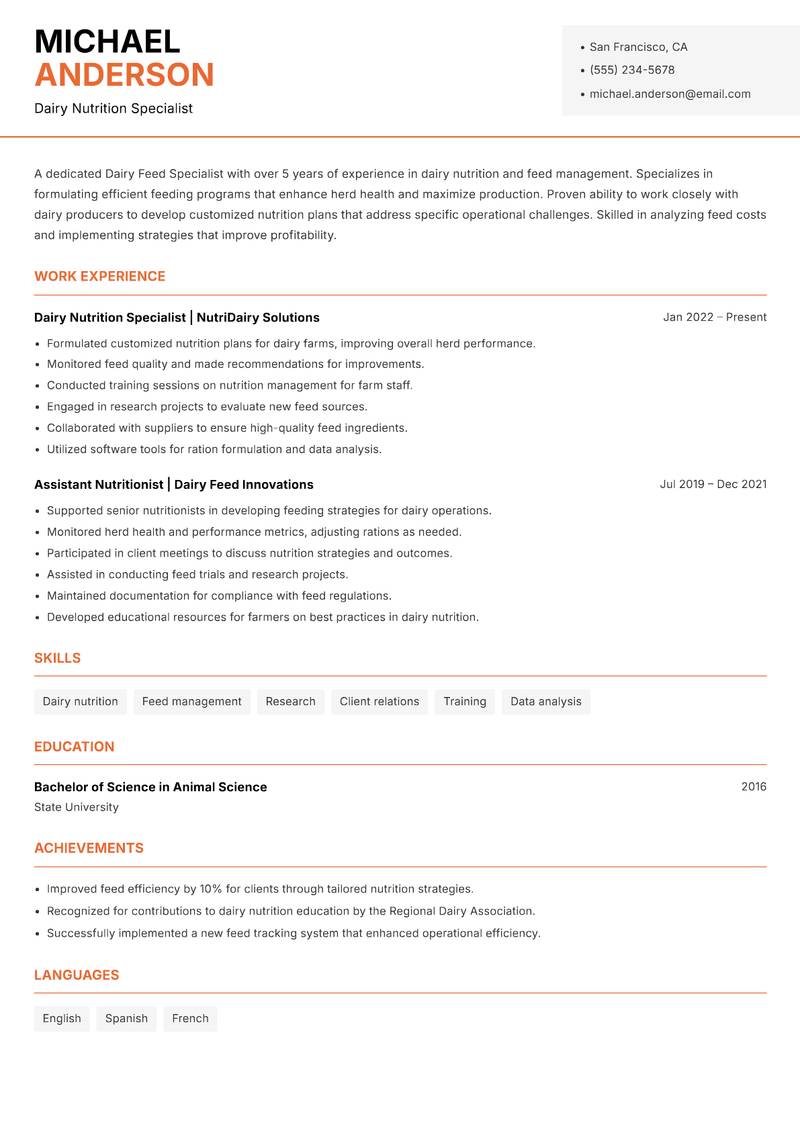 Dairy Feed Specialist Resume Template