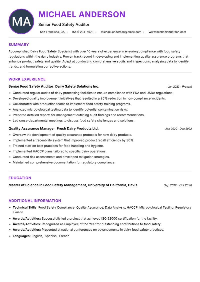 Dairy Food Safety Specialist Resume Preview Example