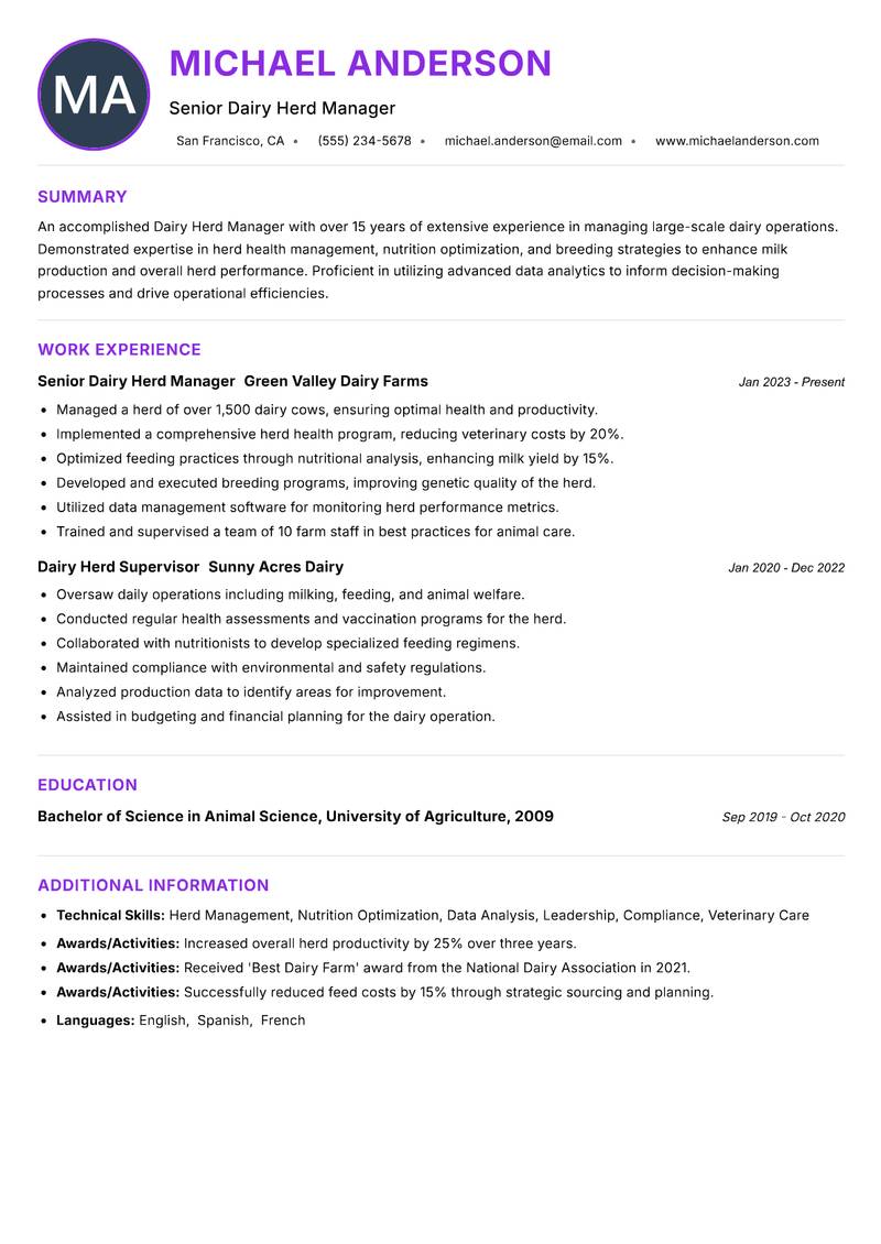 Dairy Herd Manager Resume Preview Example