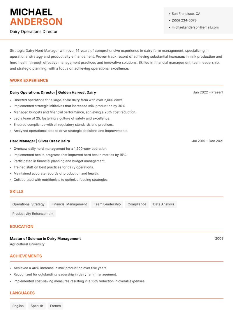 Dairy Herd Manager Resume Template