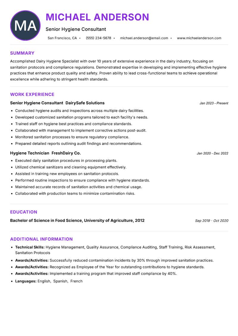 Dairy Hygiene Specialist Resume Preview Example